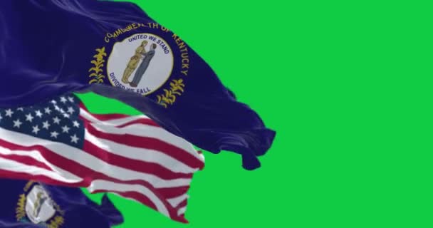 ケンタッキー州旗とアメリカの国旗が緑の背景に浮かんでいる アメリカ合衆国の南東部 シームレス3Dレンダリングアニメーション クロマキー アルファチャンネル スローモーションループ 4Kについて — ストック動画