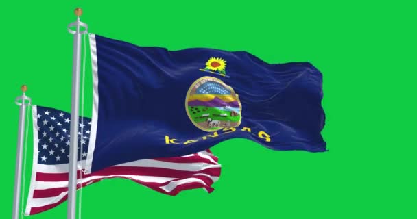 Kansas Eyalet Bayrağı Yeşil Arka Planda Dalgalanan Amerikan Bayrağı Kusursuz — Stok video