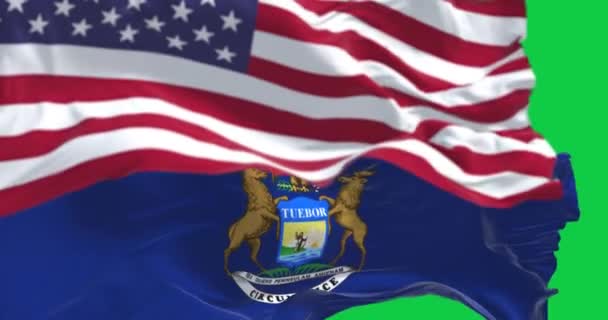 Flaggor Michigan Och Usa Vinkar Vinden Isolerade Patriotism Och Identitet — Stockvideo