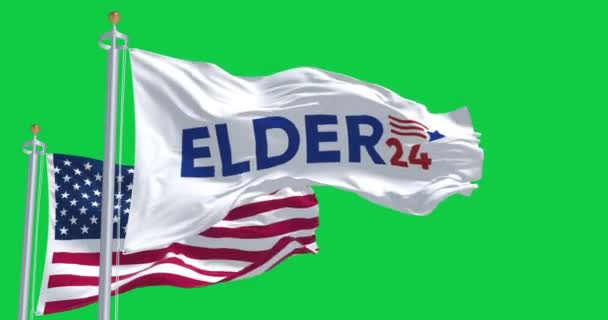 2023年6月20日 アメリカ合衆国ジャージーシティ ラリー エルダー2024年大統領選挙旗がアメリカ国旗を掲げた シームレス3Dレンダリングアニメーション グリーン スクリーン クロマキー スローモーションループ 4Kについて — ストック動画