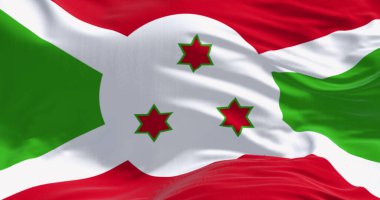 Açık bir günde Burundi Ulusal Bayrağı 'nın yakın çekimi. Kırmızı ve yeşil bölümlere bölünen beyaz köşegen, ortada üç yeşil yıldız. 3D illüstrasyon canlandırıcı. Çırpınan kumaş