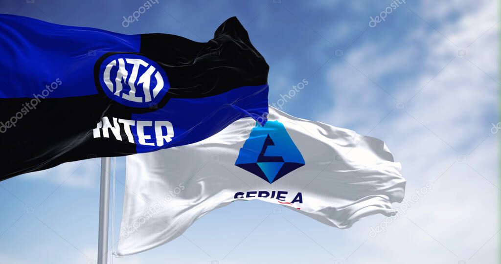 MIlan, IT, Sept. 10 2023: Flags of Inter football club and Serie A League waving in the wind on a clear day. Illustrative editorial 3d illustration render. Fluttering fabric