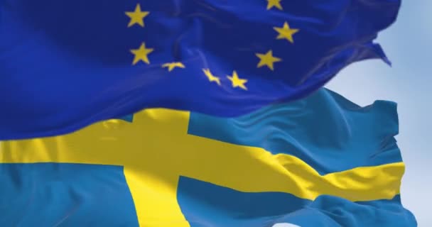 Närbild Sverige Och Flaggar Tillsammans Klar Dag Ledamot Europeiska Unionen — Stockvideo