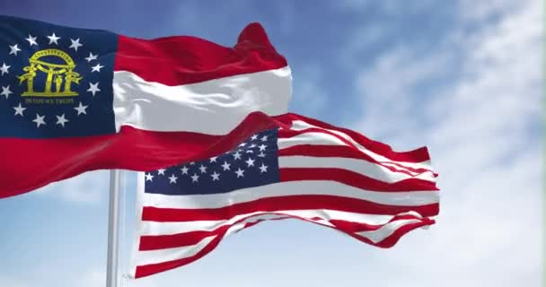 Флаги Грузии Сша Размахивают Ветром Ясный День Джорджия Является Штатом — стоковое видео