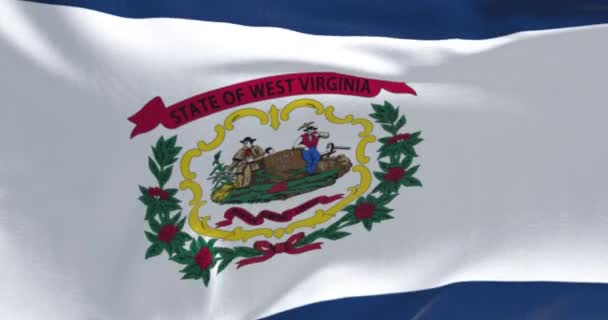 Närbild West Virginia State Flagga Viftar Vinden Vitt Fält Blå Royaltyfri Stockvideo