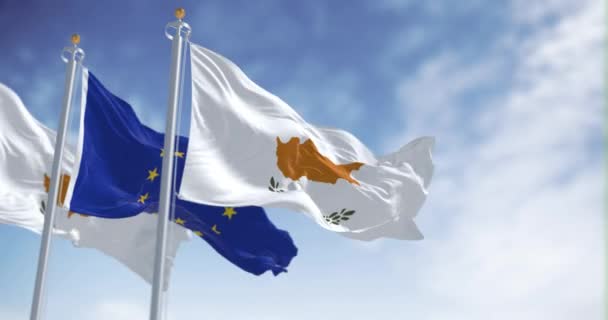 Cyprus National Flag Waving Wind European Union Flag Clear Day — Stock Video