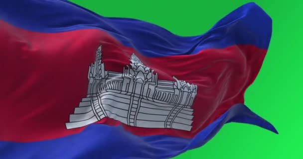 Крупним Планом Національний Прапор Камбоджі Махав Три Смуги Синій Подвійний — стокове відео