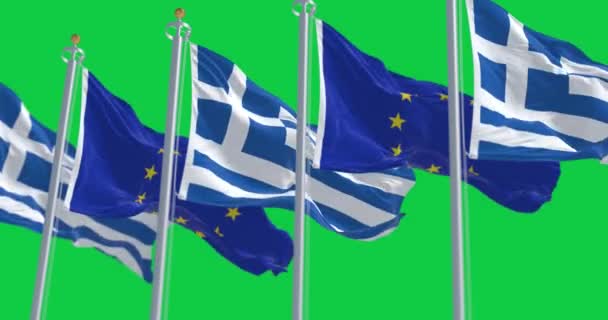 Banderas Nacionales Grecia Ondeando Viento Con Banderas Unión Europea Animación — Vídeo de stock