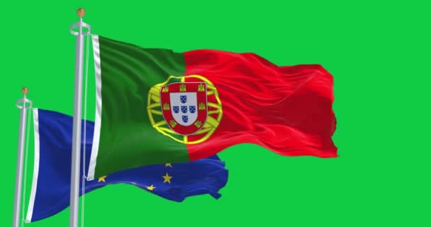 Прапори Португалії Махають Прапорами Європейського Союзу Зеленому Екрані Безшовна Анімація — стокове відео