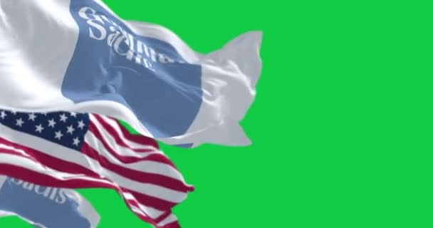 2023年8月1日 美国纽约 高盛银行和美国国旗在绿色背景下摇曳 无缝3D渲染动画 慢动作回圈4K 有选择的重点 — 图库视频影像