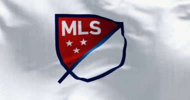 New York, ABD, 20 Ekim 2023, Ulusal Futbol Ligi bayrağının rüzgarda dalgalanması. Kuzey Amerika 'nın en iyi profesyonel futbol ligi. Resimli 3d illüstrasyon oluşturucu