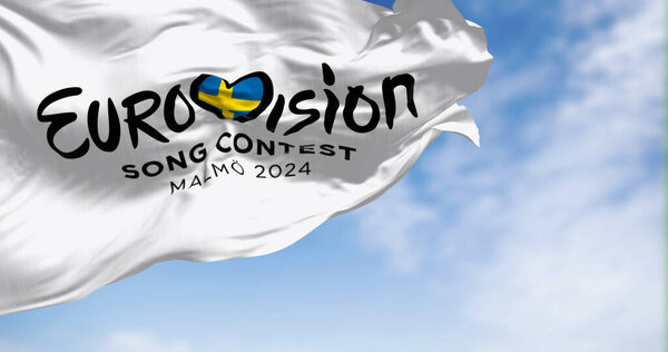 Malm, SE, Oct. 25 2023: Eurovision Song Contest 2024 waving on a clear day. The 2024 edition will take place in Malmoe on may. Illustrative editorial 3d illustration render