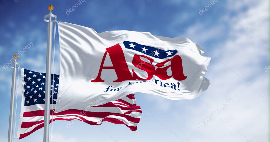 Bentonville, US, June 20 2023: Asa Hutchinson 2024 presidential campaign flag waving with American flag. Illustrative editorial 3d illustration render. 2024 US presidential election