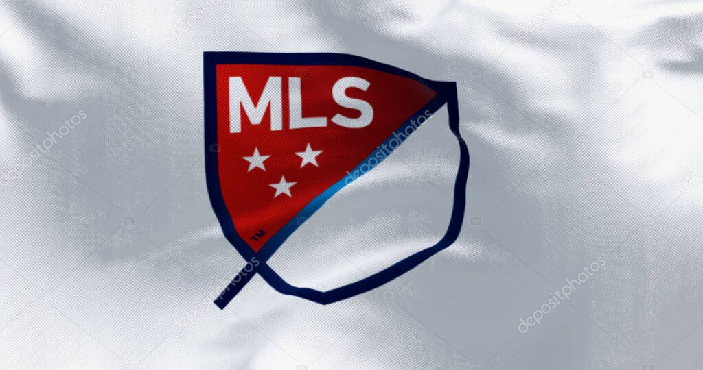 New York, US, Oct. 20 2023: Close-up of the Major League Soccer flag waving in the wind. Top professional men soccer league in North America. Illustrative editorial 3d illustration render