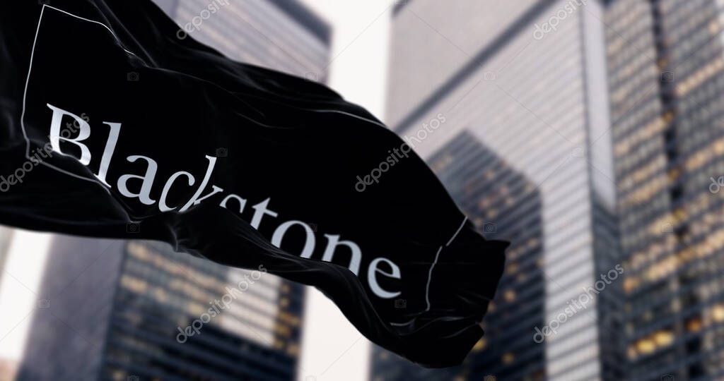 New York, US, Oct. 4 2023: Blackstone black flag waving in a financial district. Leading global investment and asset management firm. Illustrative editorial 3d illustration render