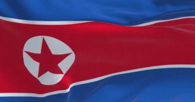 Kuzey Kore bayrağının rüzgarda dalgalanan yakın çekimi. Kusursuz 3D canlandırma döngüsü. Ağır çekim. Seçici odak