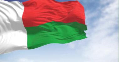Madagaskar 'ın ulusal bayrağı açık bir günde rüzgarda sallanıyor. İki yatay şerit kırmızı ve yeşil, solunda beyaz dikey şerit var. Kusursuz 3D canlandırma döngüsü. Yavaş çekim