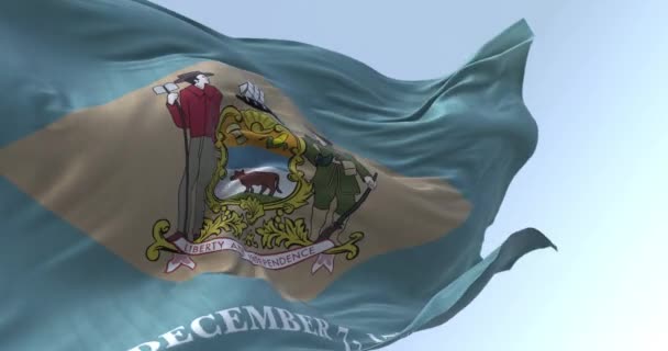 Bandera Del Estado Delaware Ondeando Día Despejado Fondo Azul Colonial — Vídeo de stock
