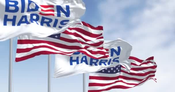 2023年6月20日 美国华盛顿特区 拜登哈里斯2024年总统竞选旗与美国国旗一同飘扬 说明性编辑3D插图渲染 2024年美国总统选举 — 图库视频影像