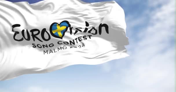 Malm October 2023 Eurovision Song Contest 2024在晴朗的一天挥手 2024年版将于五月在马尔默举行 无缝3D渲染动画循环 慢动作 — 图库视频影像