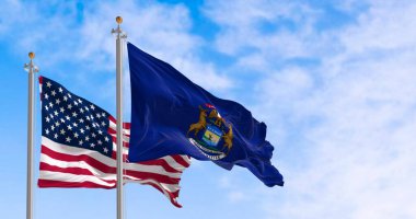 Michigan eyalet bayrağı ve açık havada rüzgarda dalgalanan ulusal Amerikan bayrağı. Gurur ve vatanseverlik kavramı. 3D illüstrasyon canlandırıcı. Dalgalanan kumaş