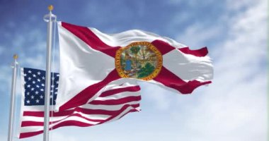 Florida ve Birleşik Devletler bayrakları açık bir günde rüzgarda sallanıyor. Amerikan bayrağı. Gurur ve vatanseverlik kavramı. Kusursuz 3D canlandırma döngüsü. Ağır çekim. Seçici odak