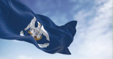 Louisiana eyaleti bayrağı açık havada dalgalanıyor. Devletin sloganıyla mavi bir bölgedeki ana pelikan. Amerikan bayrağı. Kusursuz 3D canlandırma döngüsü. Ağır çekim. Seçici odaklanma. Dalgalanan kumaş