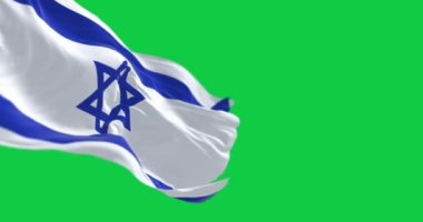 İsrail ulusal bayrağı yeşil ekranda dalgalanıyor. Mavi Davut Yıldızı ortada, iki mavi şerit beyaz sahada. Kusursuz 3D canlandırma animasyonu. Krom anahtar. Yavaş çekim döngüsü. 4 bin. Seçici odak