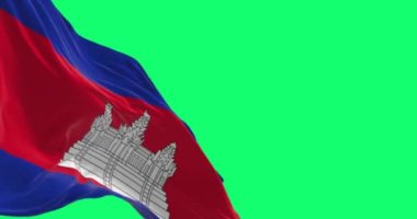 Kamboçya ulusal bayrağının yeşil ekranda dalgalanması. Mavi, çift kırmızı, mavi çizgili, Angkor Wat ortada. Kusursuz 3D canlandırma animasyonu. Krom anahtar. Yavaş çekim döngüsü. 4 bin. Seçici odak