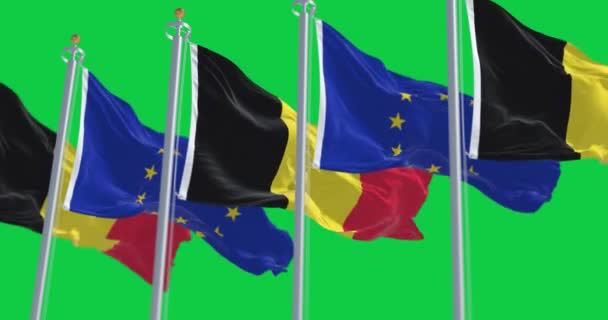 Бельгийские Национальные Флаги Флаги Европейского Союза Размахивают Изолированными Зеленом Фоне — стоковое видео