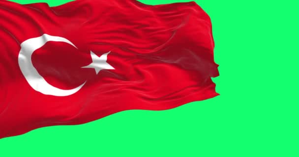 緑の背景で孤立した風に振るトルコの国旗 白い三日月と星の赤い旗 シームレス3Dレンダリングアニメーション クロマキー スローモーションループ 4Kについて — ストック動画