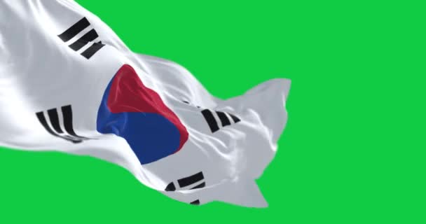 Detailní Záběr Jihokorejskou Národní Vlajku Vlnící Zelené Obrazovce Bílé Pole — Stock video