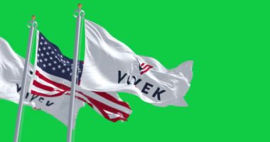 Charleston, ABD, 15 Ekim 2023: Nikki Haley 2024 başkanlık kampanyası bayrağı yeşil ekranda dalgalanıyor. Kusursuz 3D canlandırma animasyonu. Yeşil ekran. Krom anahtar. Yavaş çekim döngüsü. 4K