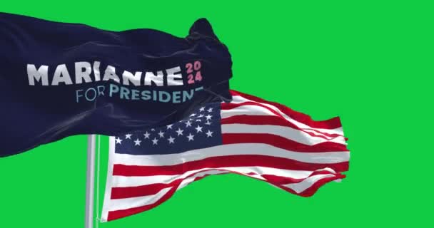 チャールストン 10月15日2023日 ニッキー ヘイリー2024年大統領選挙旗がグリーン スクリーンに掲げられた シームレス3Dレンダリングアニメーション グリーン スクリーン クロマキー スローモーションループ — ストック動画