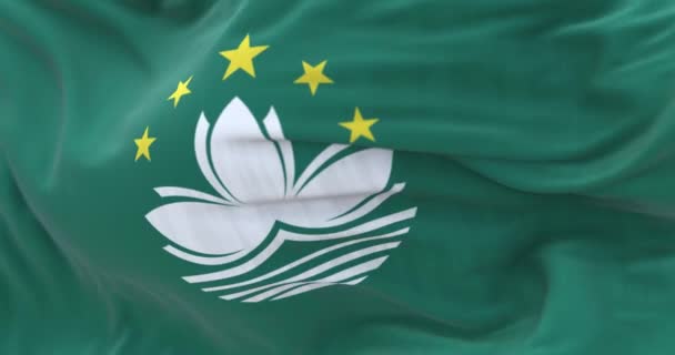 Detailní Záběr Vlajku Macau Zelená Plocha Lotosový Květinový Střed Hvězd — Stock video