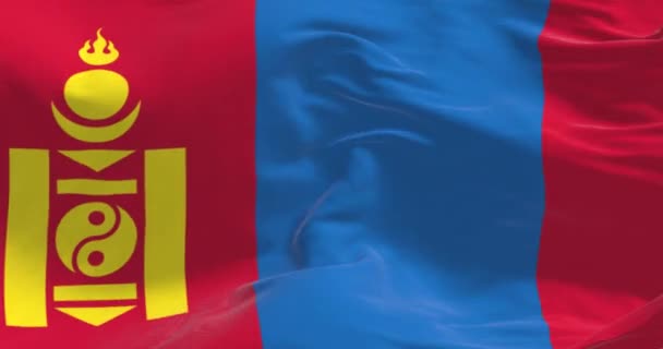 モンゴル国旗が風に揺れている 赤のストライプ 左の赤い黄色のソボ シームレス3Dレンダリングアニメーション スローモーションループ テクスチャーされた生地の背景 — ストック動画