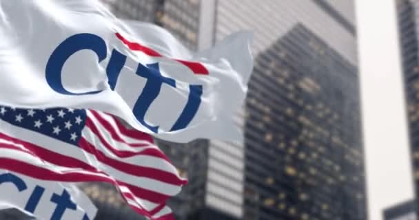 New York November 2023 Citi Amerikaanse Vlaggen Wapperen Een Financieel — Stockvideo