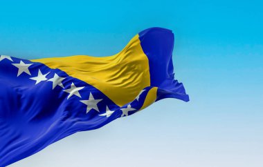 Bosna-Hersek bayrağı rüzgarda dalgalanıyor. Sarı üçgen ve beyaz yıldızlı mavi alan. 3D illüstrasyon canlandırıcı. Çırpınan tekstil. Seçici odak
