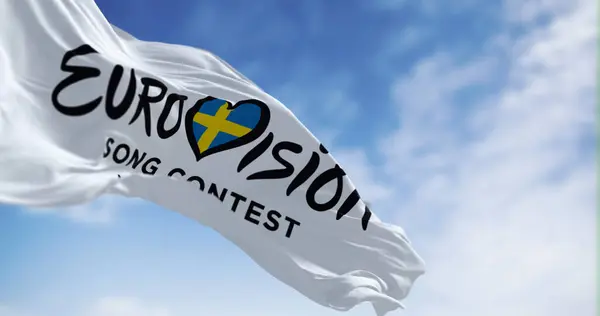 stock image Malm, SE, Oct. 25 2023: Eurovision Song Contest 2024 waving on a clear day. The 2024 edition will take place in Malmo on may. Illustrative editorial 3d illustration render. Selective focus