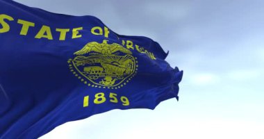 Oregon eyaletinin bayrağının dalgalandığı yakın çekim. Oregon bayrağı lacivert ve altın rengi ile çift taraflı. Kusursuz 3 boyutlu animasyon. Yavaş çekim döngüsü. Sallanan bayrak