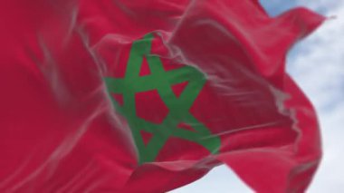 Fas ulusal bayrağının rüzgarda dalgalanmasına yakın çekim. Ortasında yeşil pentagram olan kırmızı bayrak. Kusursuz 3 boyutlu animasyon. Yavaş çekim döngüsü. Seçici odaklanma. Sallanan bayrak