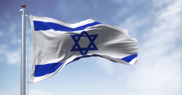 Bandera Nacional Del Estado Israel Ondeando Día Claro Estrella Azul — Vídeos de Stock