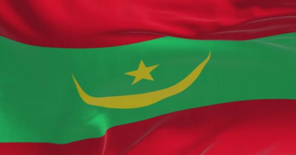 Mauritániai Nemzeti Zászló Közelsége Szélben Zöld Sárga Félhold Csillag Két — Stock videók