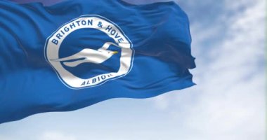 Brighton, İngiltere, 23 Ekim 2023: Açık bir günde Brighton futbol kulübü el sallıyor. İngiliz profesyonel futbol takımı. Kusursuz 3 boyutlu animasyon. Yavaş çekim döngüsü. Seçici odaklanma. Sallanan bayrak