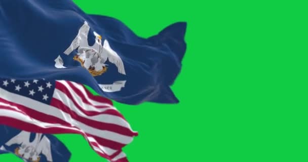 Louisiana Eyalet Bayrağı Yeşil Ekranda Abd Bayrağıyla Dalgalanıyor Kusursuz Canlandırma — Stok video