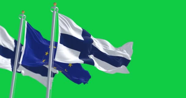 Bandeiras Nacionais Finlândia Acenando Vento Com Bandeira União Europeia Tela — Vídeo de Stock