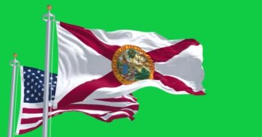 Florida ve ABD bayrakları yeşil ekranda rüzgarda dalgalanıyor. Amerikan bayrağı. Gurur ve vatanseverlik kavramı. Kusursuz 3D canlandırma animasyonu. Krom anahtar. Alfa kanalı. Yavaş çekim döngüsü. 4K