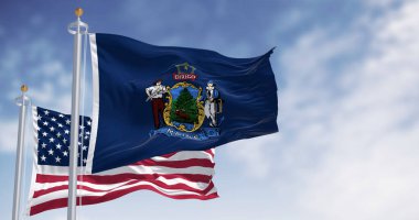 ABD ve Maine 'in bayrakları açık mavi gökyüzünün altında rüzgarda dalgalanıyor