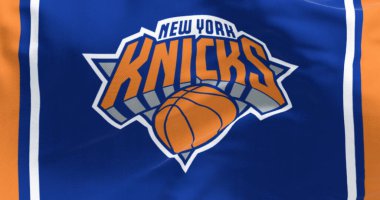 New York City, ABD, 10 Kasım 2023: New York Knicks bayrağı dalgalanması. Amerikan profesyonel basketbol takımı, Doğu Konferansı Atlantik Bölümü. Resimli 3d illüstrasyon oluşturucu