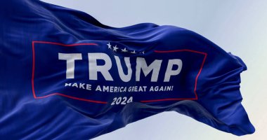 Arlington, ABD, OKT. 21 2023: Donald Trump seçim kampanyası bayrağı dalgalanması. 2024 ABD başkanlık seçimi. Resimli 3d illüstrasyon oluşturucu